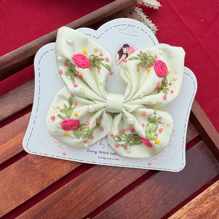 Buttercup Butterfly – Hand Embroidered Floral Yellow Bow Hair Accessory