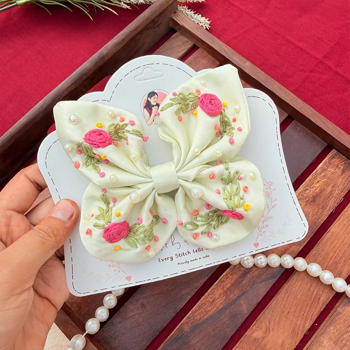 Buttercup Butterfly – Hand Embroidered Floral Yellow Bow Hair Accessory
