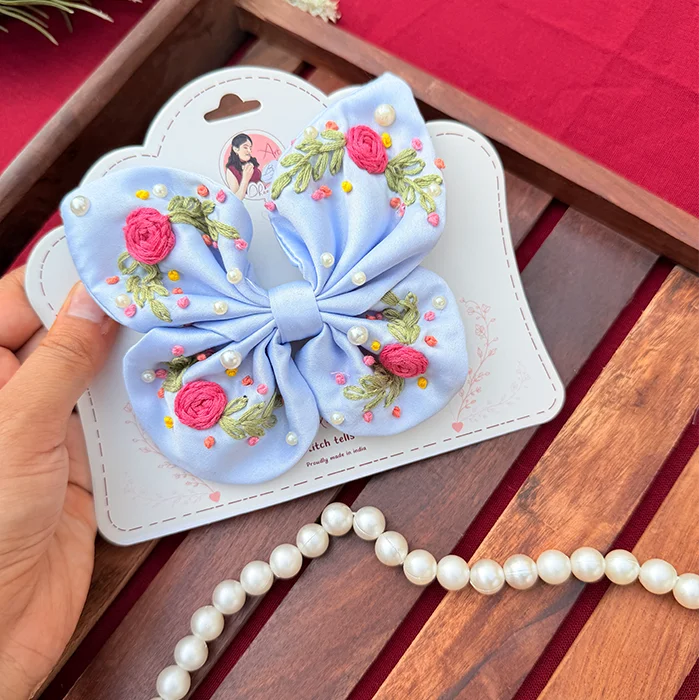 Blue Butterfly – Hand Embroidered Floral Blue Bow Hair Accessory