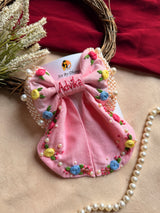 Gulnaar Hand Embroidered Personalized Floral Bow Hair Clip – Pink