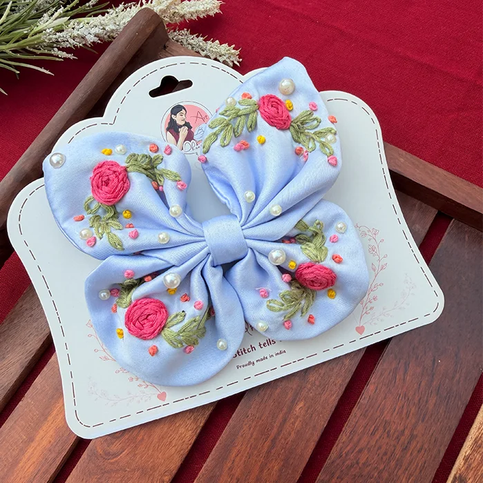 Blue Butterfly – Hand Embroidered Floral Blue Bow Hair Accessory
