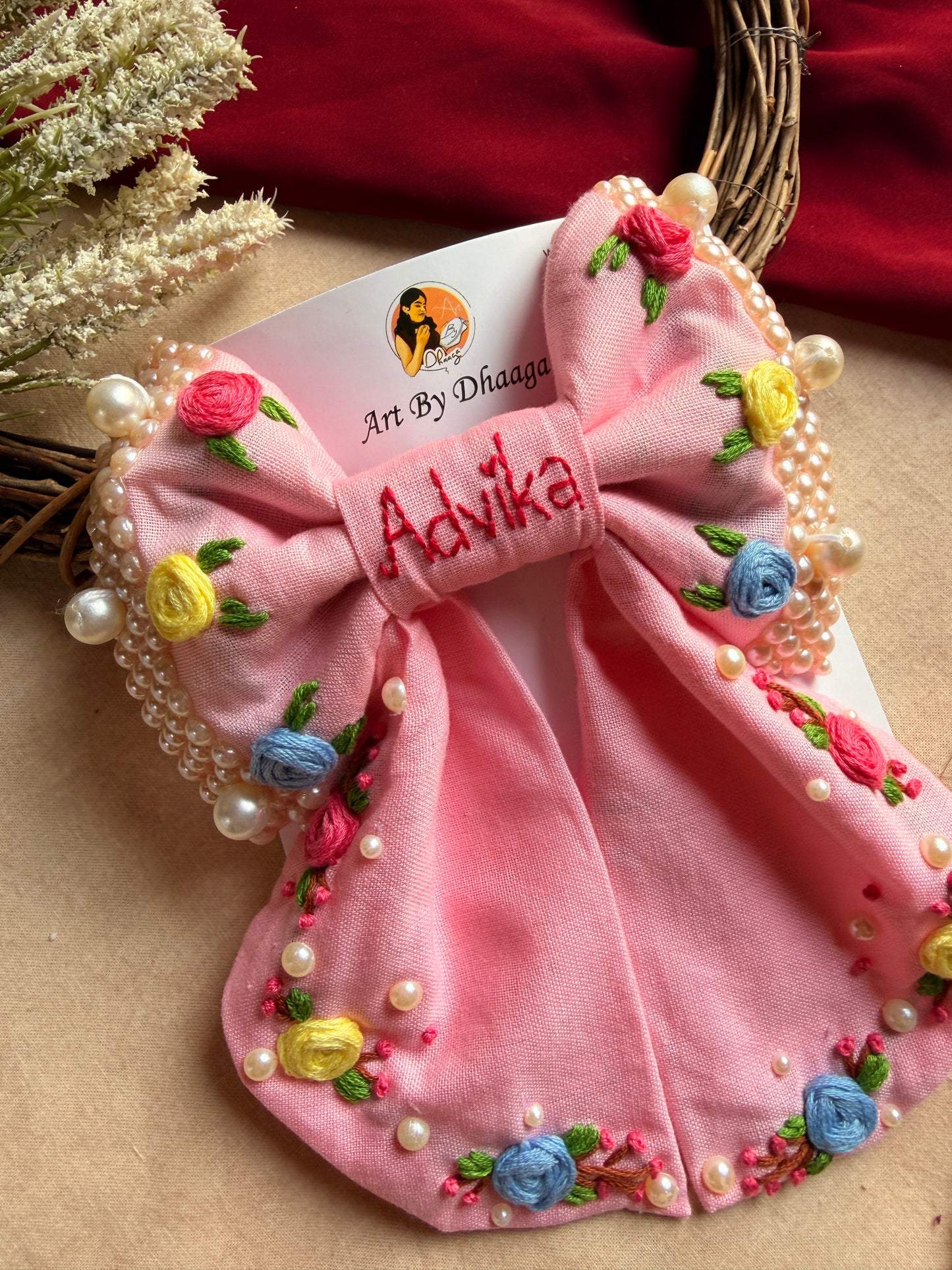 Gulnaar Hand Embroidered Personalized Floral Bow Hair Clip – Pink
