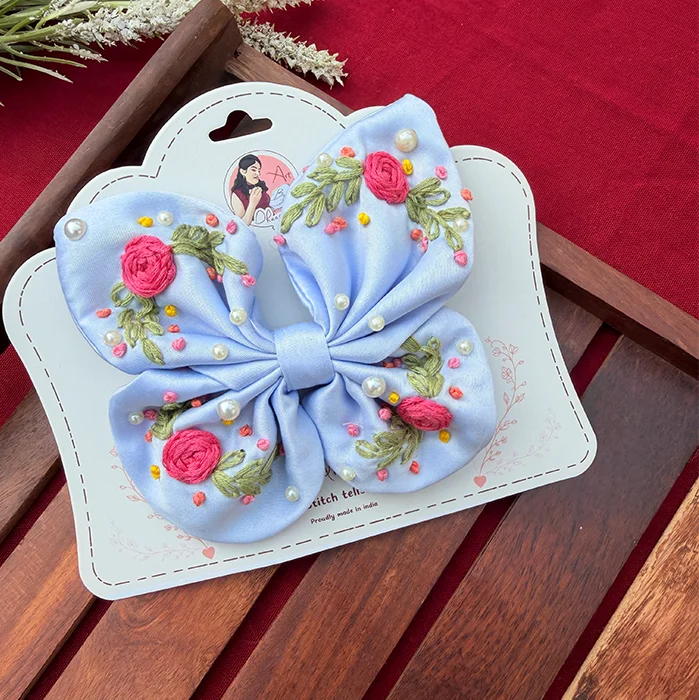 Blue Butterfly – Hand Embroidered Floral Blue Bow Hair Accessory