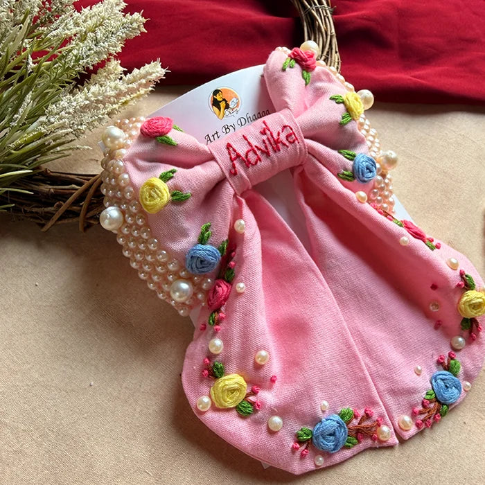 Gulnaar Hand Embroidered Personalized Floral Bow Hair Clip – Pink