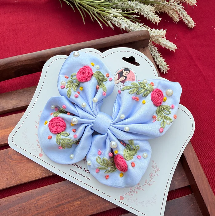 Blue Butterfly – Hand Embroidered Floral Blue Bow Hair Accessory