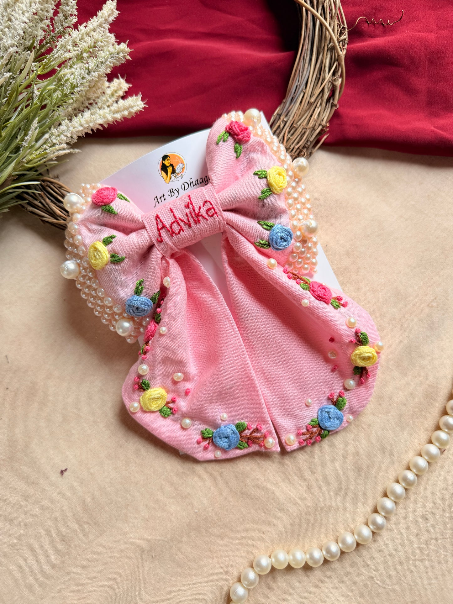 Gulnaar Hand Embroidered Personalized Floral Bow Hair Clip – Pink