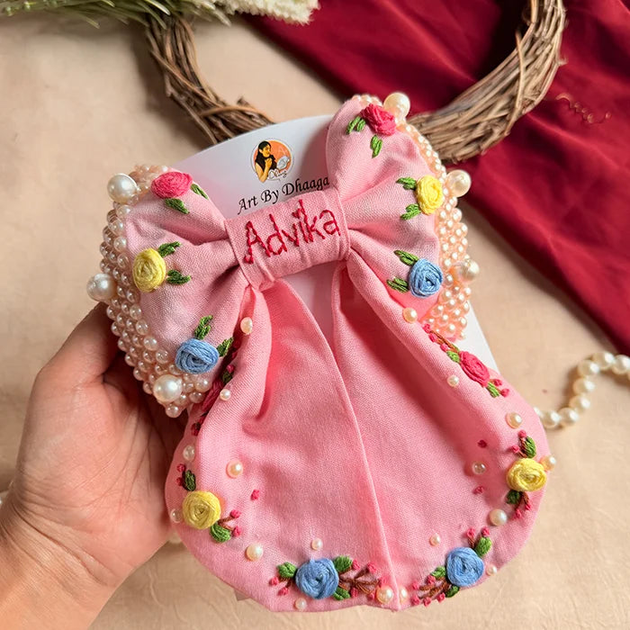 Gulnaar Hand Embroidered Personalized Floral Bow Hair Clip – Pink