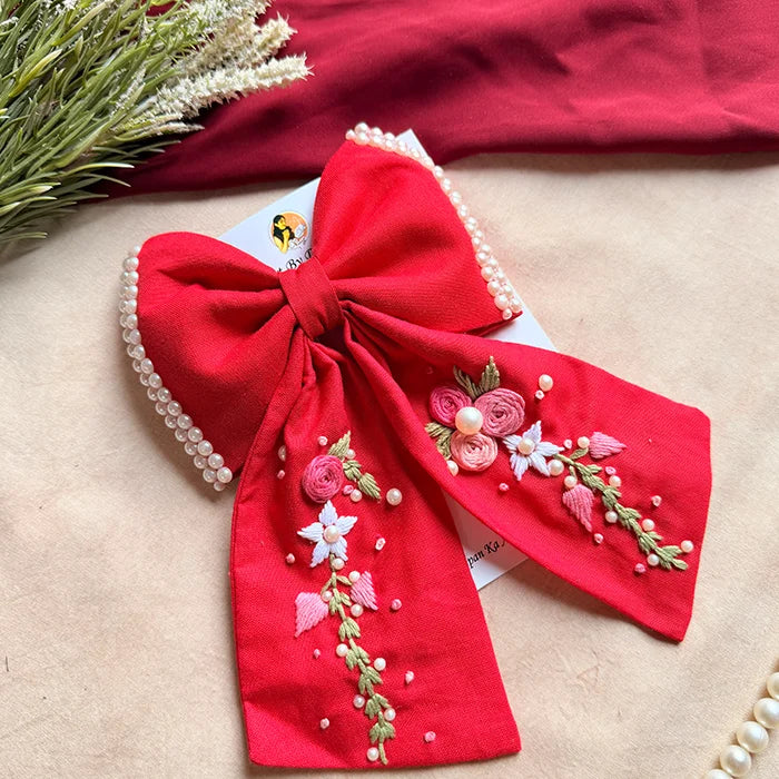 Jiya Re Red Hand Embroidered Floral Bow Hair Clip