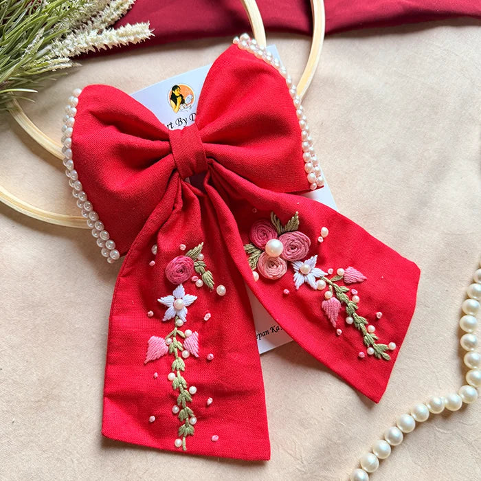 Jiya Re Red Hand Embroidered Floral Bow Hair Clip