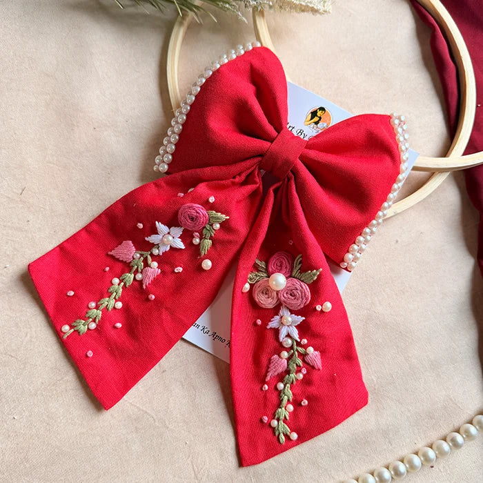 Jiya Re Red Hand Embroidered Floral Bow Hair Clip