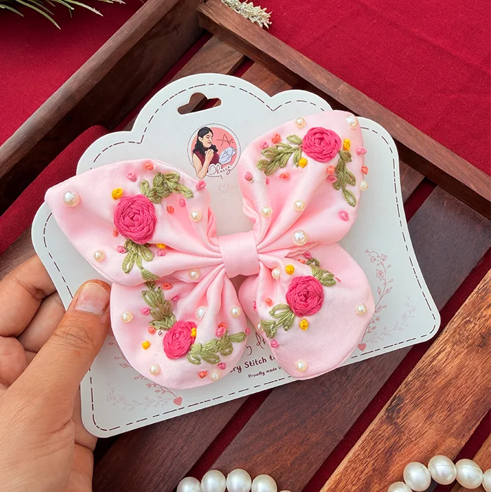Baby Butterfly – Hand Embroidered Pink Floral Bow Hair Accessory