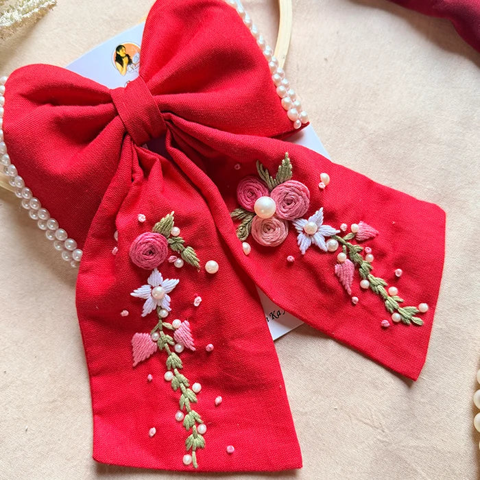 Jiya Re Red Hand Embroidered Floral Bow Hair Clip