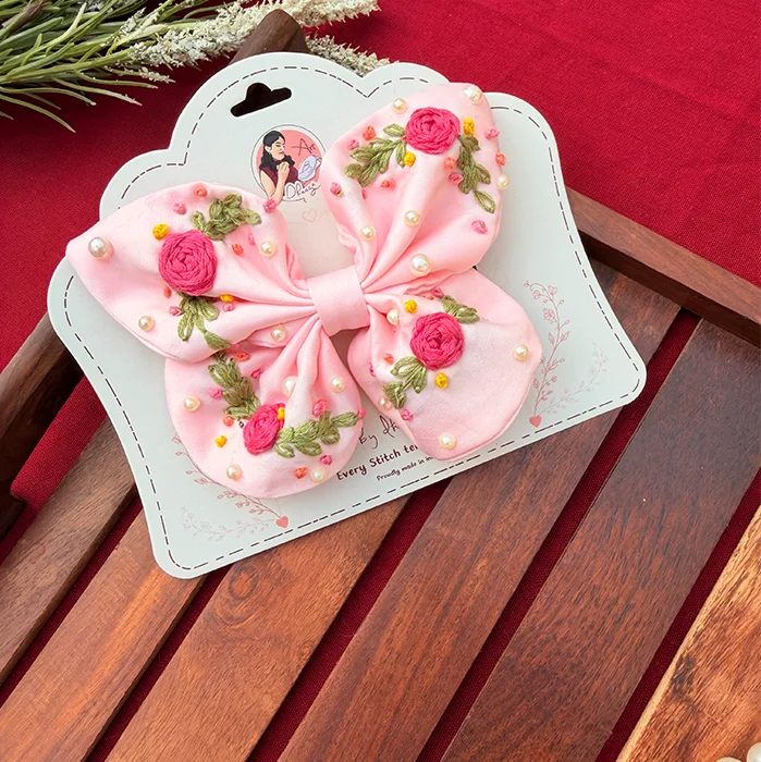 Baby Butterfly – Hand Embroidered Pink Floral Bow Hair Accessory