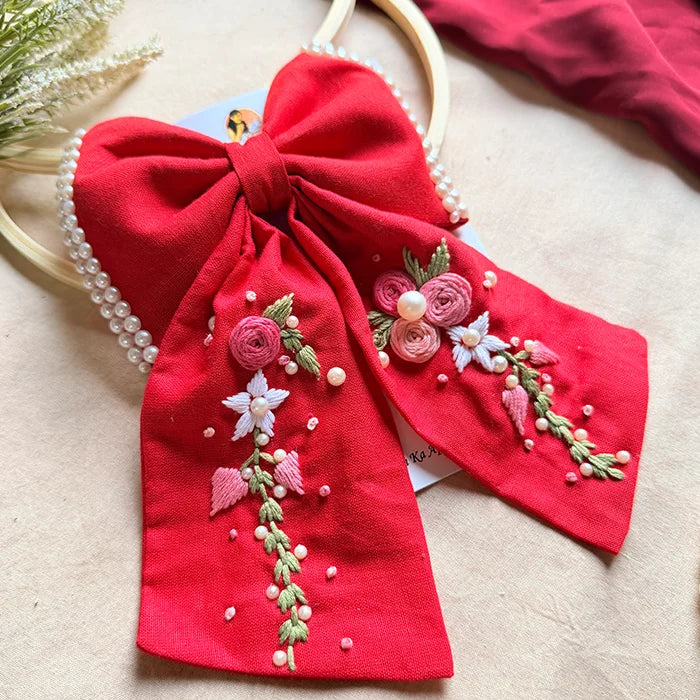 Jiya Re Red Hand Embroidered Floral Bow Hair Clip