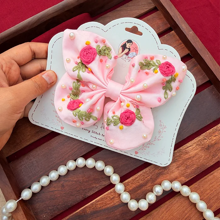 Baby Butterfly – Hand Embroidered Pink Floral Bow Hair Accessory