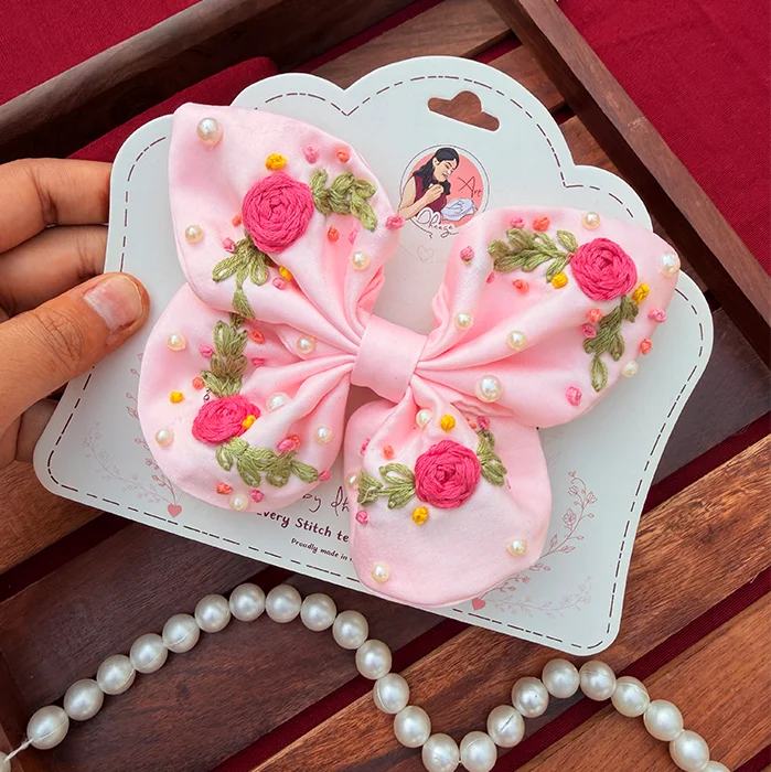 Baby Butterfly – Hand Embroidered Pink Floral Bow Hair Accessory