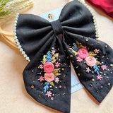 Gazel Hand Embroidered Floral Bow Hair Clip – Black