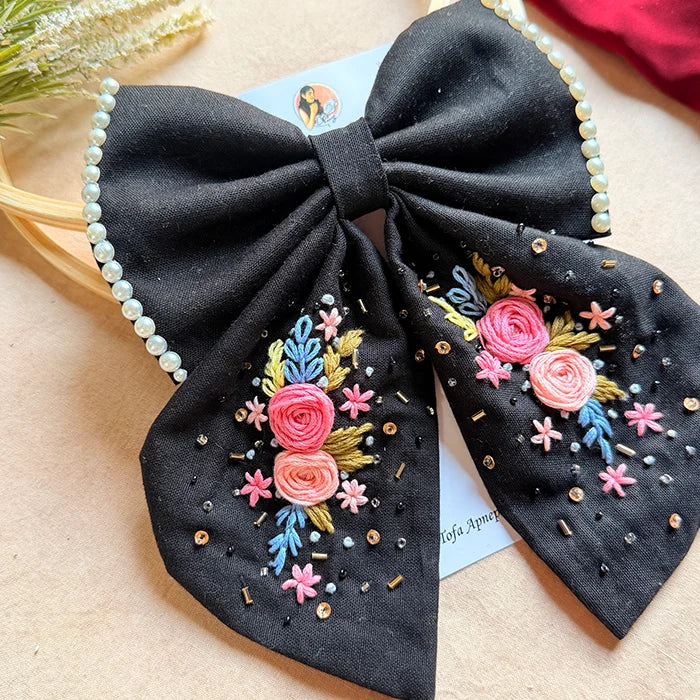 Gazel Hand Embroidered Floral Bow Hair Clip – Black