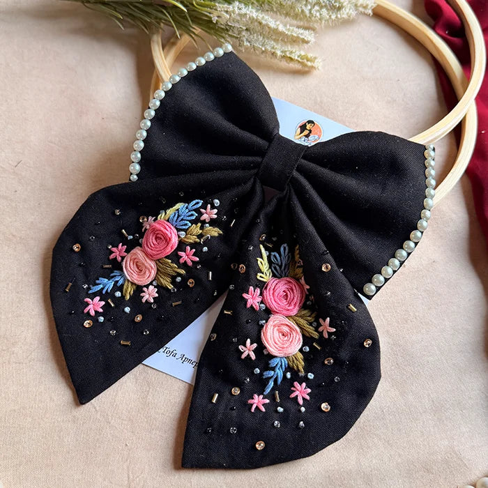 Gazel Hand Embroidered Floral Bow Hair Clip – Black