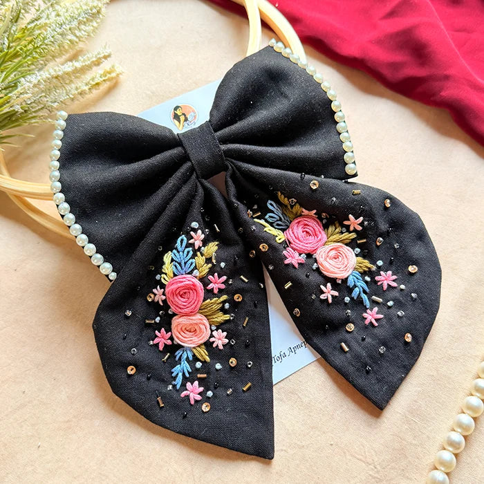 Gazel Hand Embroidered Floral Bow Hair Clip – Black