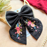 Gazel Hand Embroidered Floral Bow Hair Clip – Black