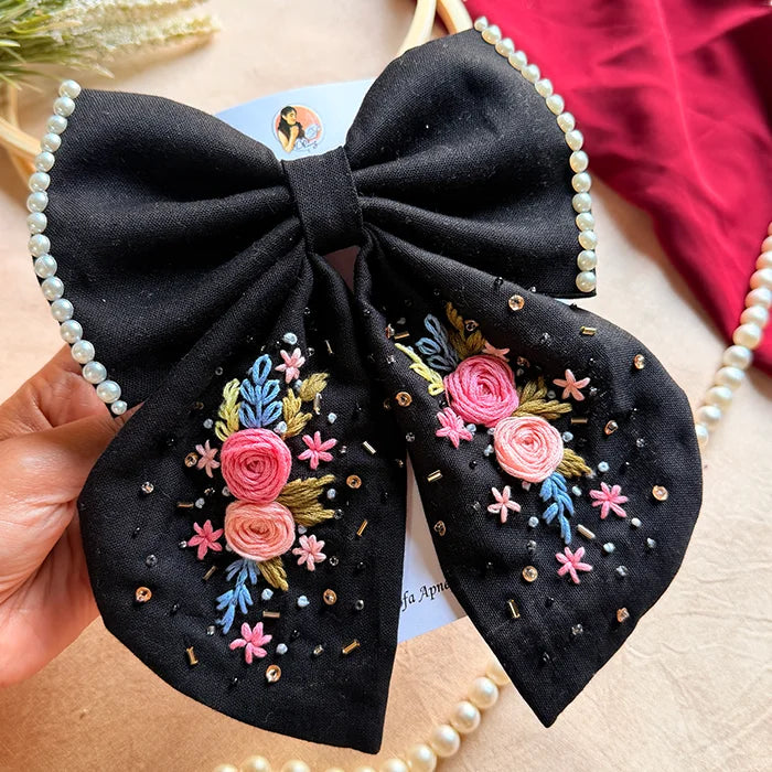 Gazel Hand Embroidered Floral Bow Hair Clip – Black
