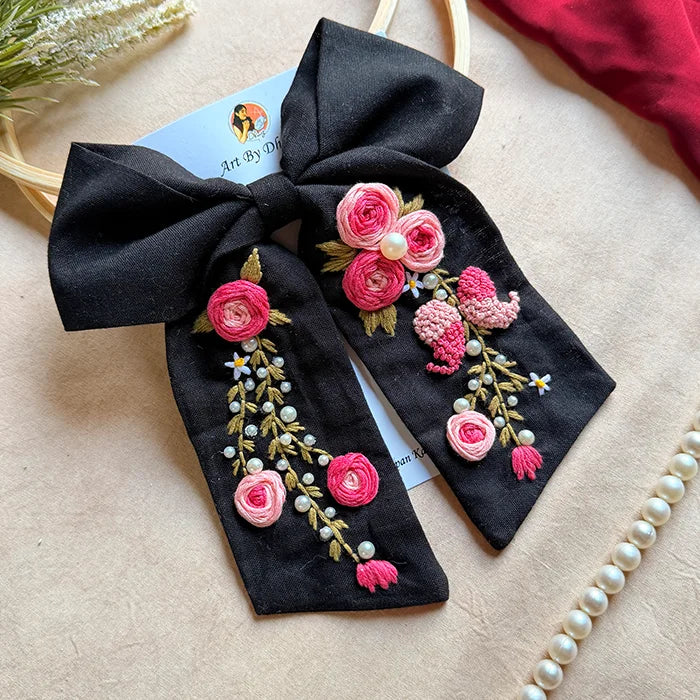 Isha Hand Embroidered Floral Bow Hair Clip – Black