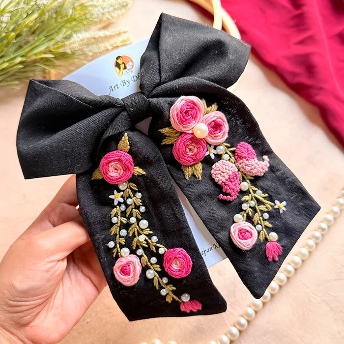 Isha Hand Embroidered Floral Bow Hair Clip – Black