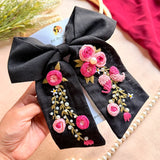 Isha Hand Embroidered Floral Bow Hair Clip – Black