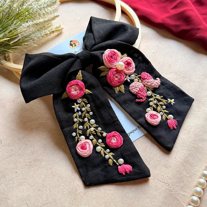 Isha Hand Embroidered Floral Bow Hair Clip – Black