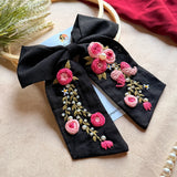 Isha Hand Embroidered Floral Bow Hair Clip – Black