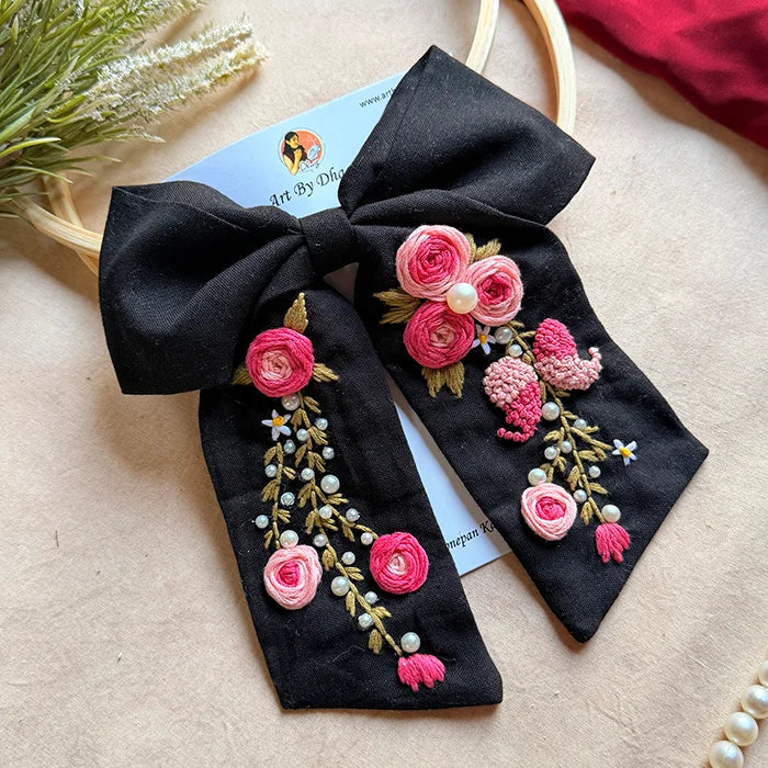 Isha Hand Embroidered Floral Bow Hair Clip – Black