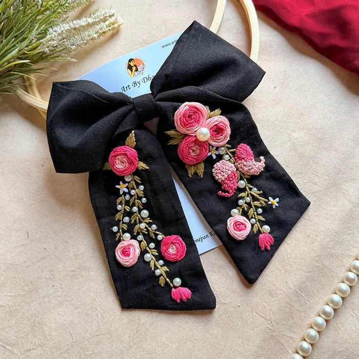 Isha Hand Embroidered Floral Bow Hair Clip – Black