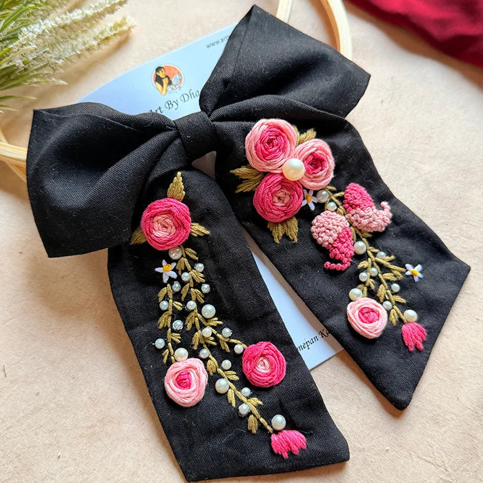 Isha Hand Embroidered Floral Bow Hair Clip – Black