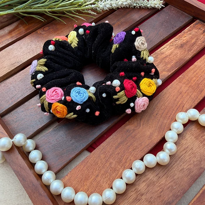 Ebony Black Scrunchie – Hand Embroidered Multicolour Floral Scrunchie