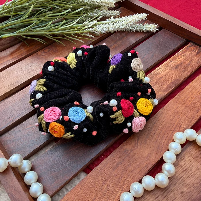 Ebony Black Scrunchie – Hand Embroidered Multicolour Floral Scrunchie