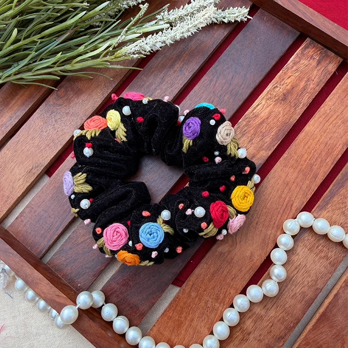 Ebony Black Scrunchie – Hand Embroidered Multicolour Floral Scrunchie