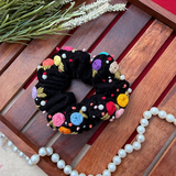 Ebony Black Scrunchie – Hand Embroidered Multicolour Floral Scrunchie