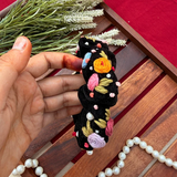 Ebony Black Scrunchie – Hand Embroidered Multicolour Floral Scrunchie