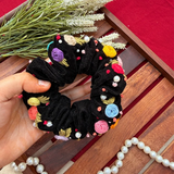 Ebony Black Scrunchie – Hand Embroidered Multicolour Floral Scrunchie
