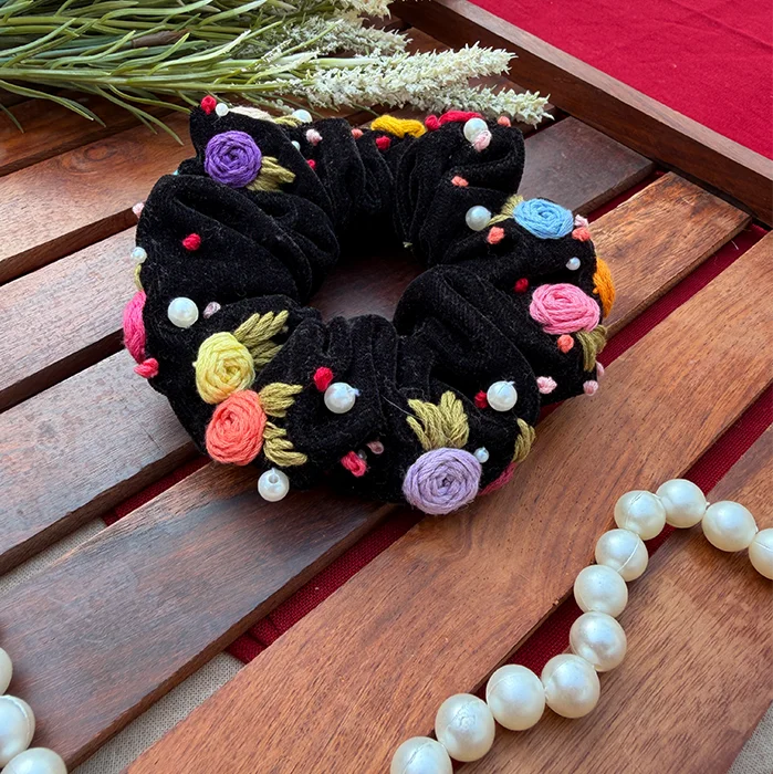 Ebony Black Scrunchie – Hand Embroidered Multicolour Floral Scrunchie