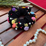 Ebony Black Scrunchie – Hand Embroidered Multicolour Floral Scrunchie