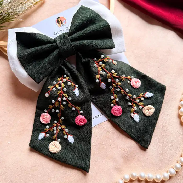 Aaradhya Hand Embroidered Floral Bow Hair Clip – Deep Green