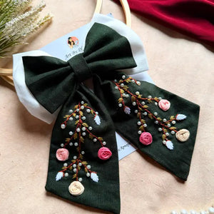 Aaradhya Hand Embroidered Floral Bow Hair Clip – Deep Green
