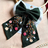 Aaradhya Hand Embroidered Floral Bow Hair Clip – Deep Green
