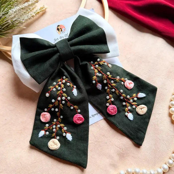 Aaradhya Hand Embroidered Floral Bow Hair Clip – Deep Green