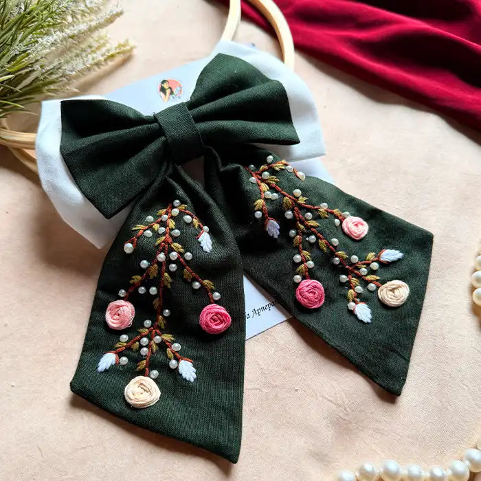 Aaradhya Hand Embroidered Floral Bow Hair Clip – Deep Green