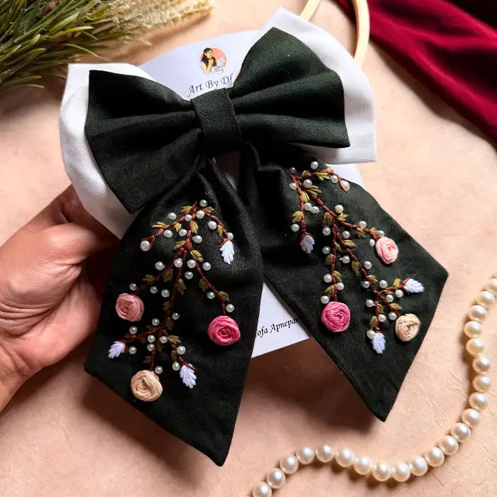 Aaradhya Hand Embroidered Floral Bow Hair Clip – Deep Green