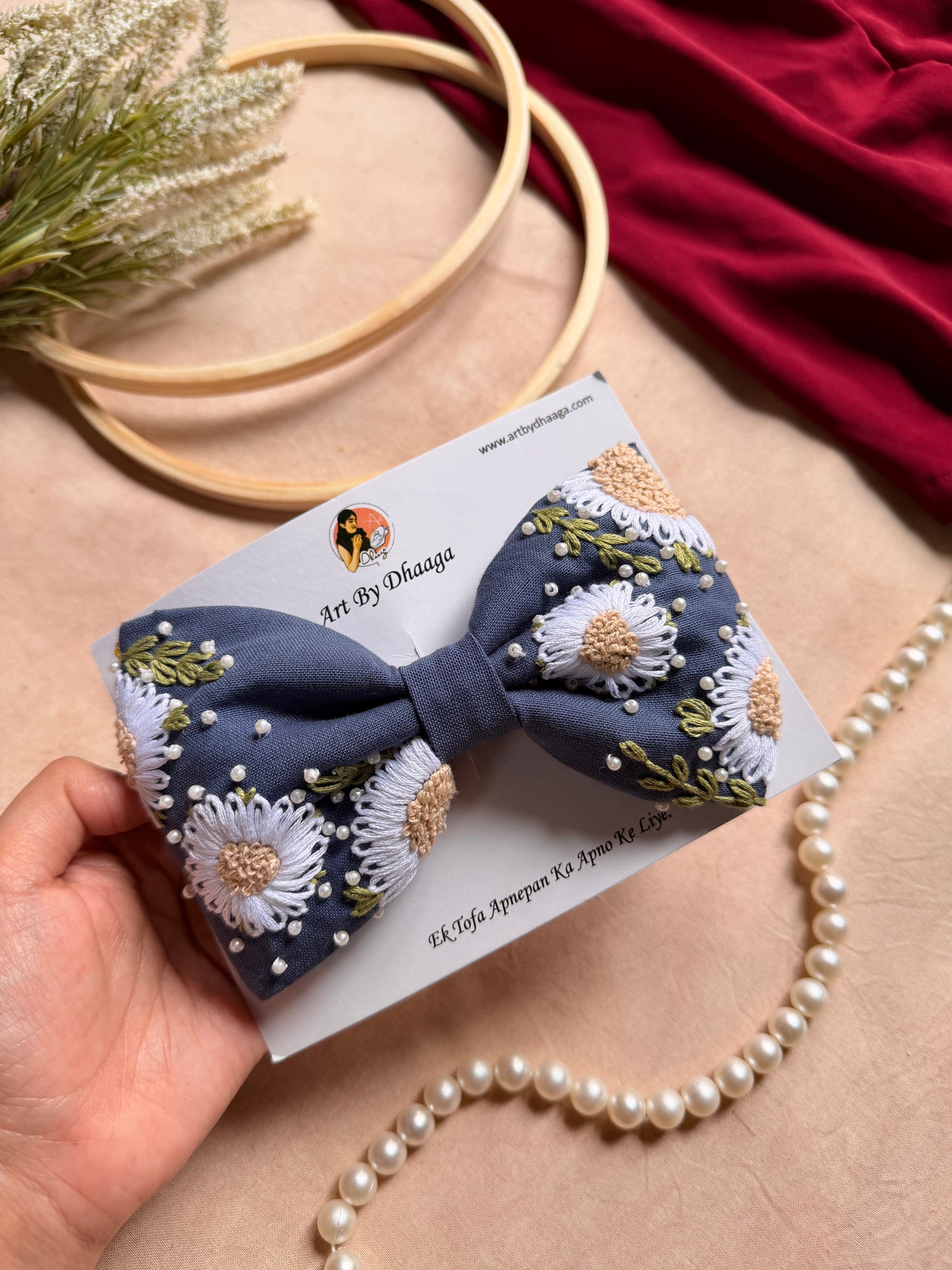 Aarya Denim Hand Embroidered Daisy Bow Hair Clip