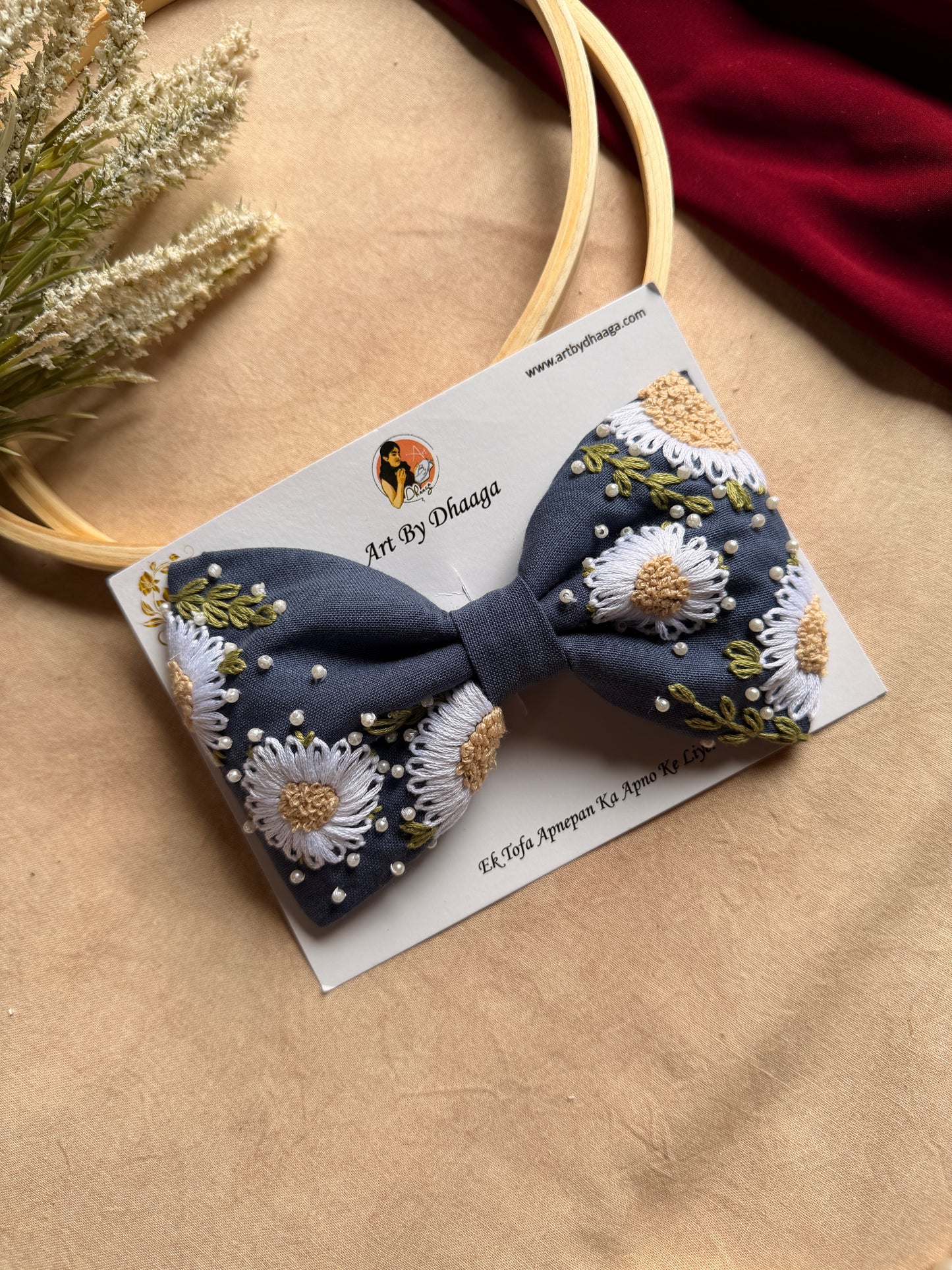 Aarya Denim Hand Embroidered Daisy Bow Hair Clip
